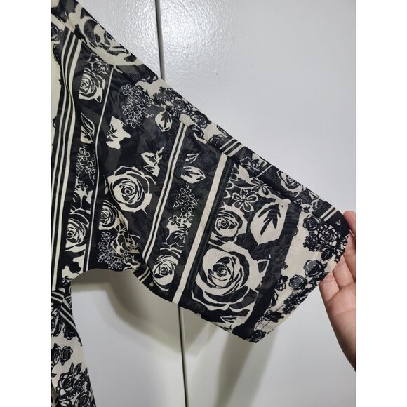 EMBER Women's LG Open Front Cardigan Cover Up Fringe Floral Black Cream Boho - Picture 5 of 5